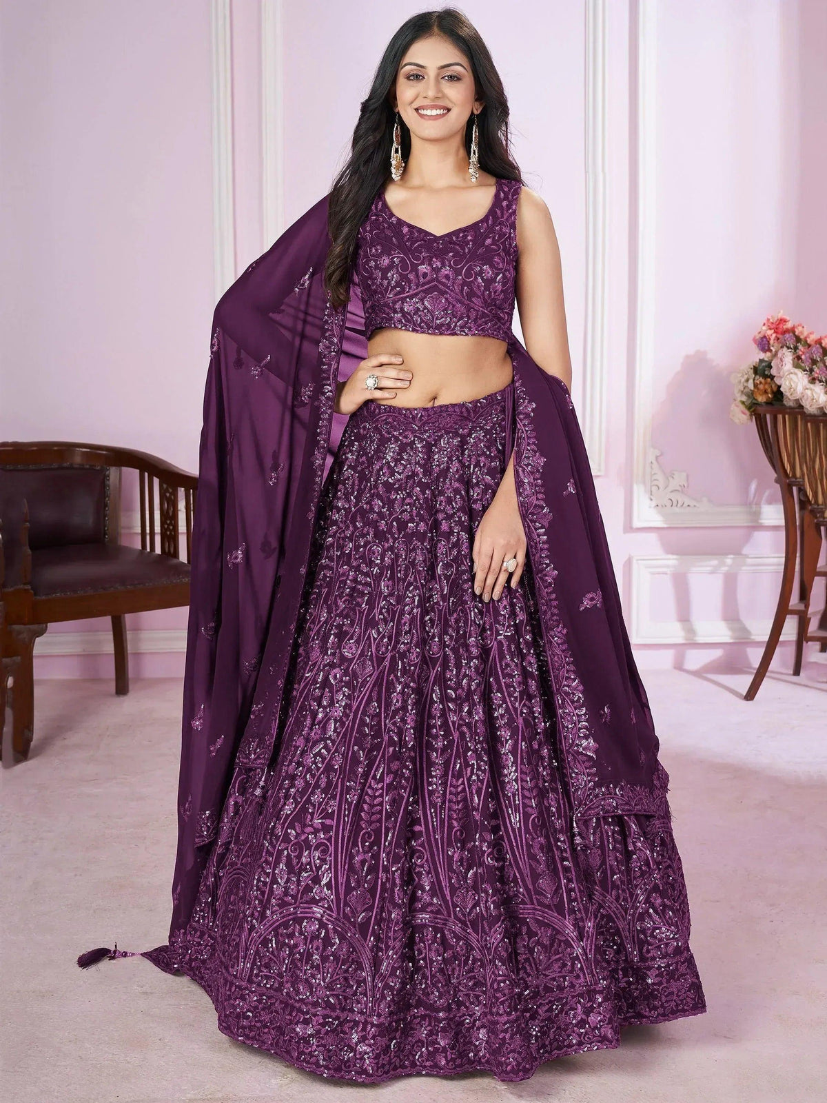 Tulsi Art Attractive Purple Sequins Georgette Wedding Wear Lehenga Choli | Grocsy