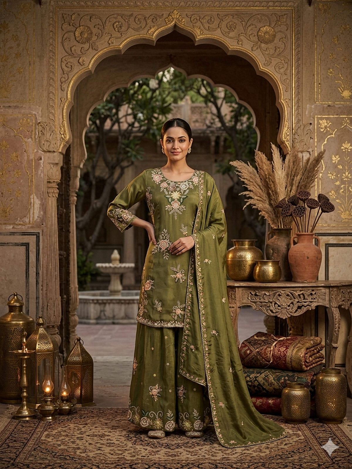 Stylish Designer Stitched Green Pure Viscose Crepe Embroidery Hand Work Stitched Sharara Suit - Anbazaar | Grocsy