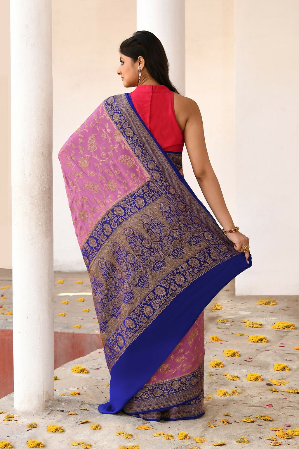Joban Fashion Nude Pink Crepe Chiffon Pure Handloom Banarasi Silk Saree | Grocsy