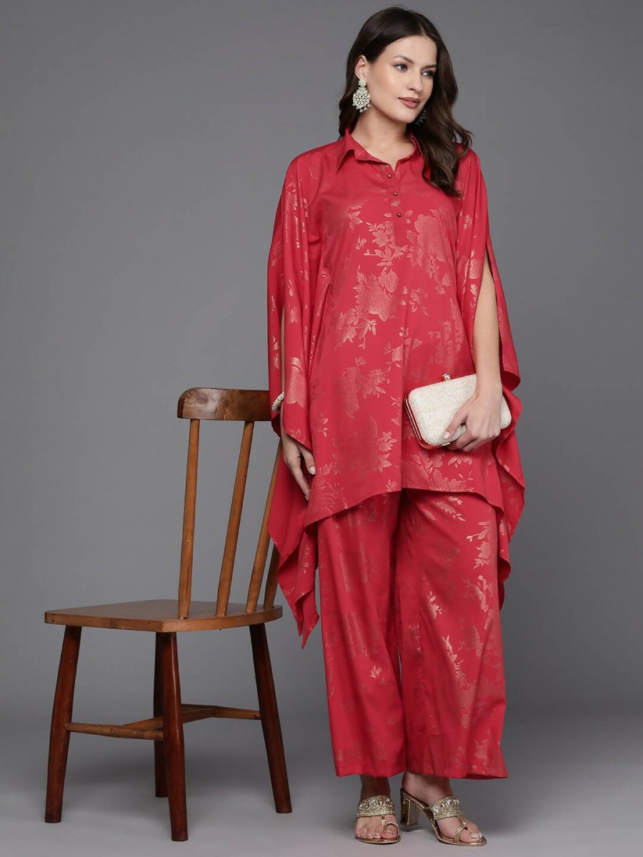 Ahalyaa Women Floral Printed Tunic with Palazzos - Red Color | Grocsy