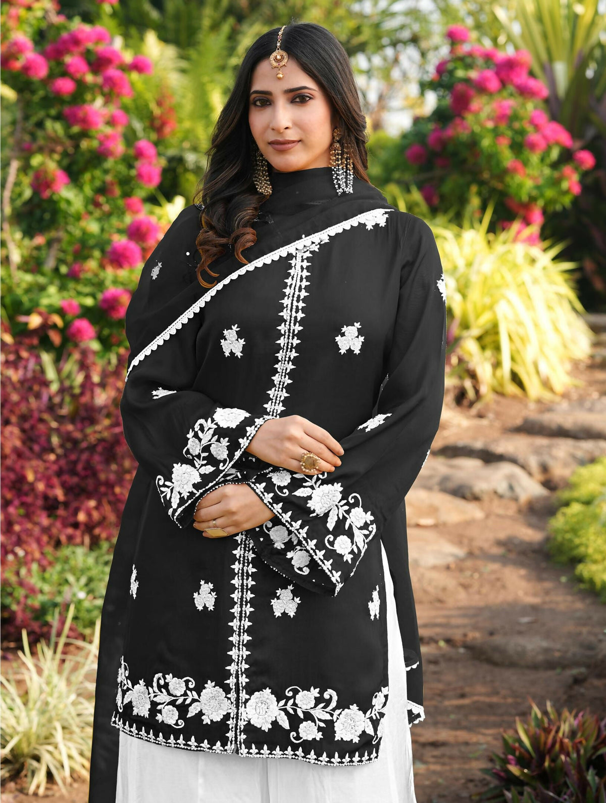 Nikhaar Black Embroidered Modal Silk Stitched Straight Cut Kurta Kalidar Palazzo Dupatta Readymade Suit | Grocsy