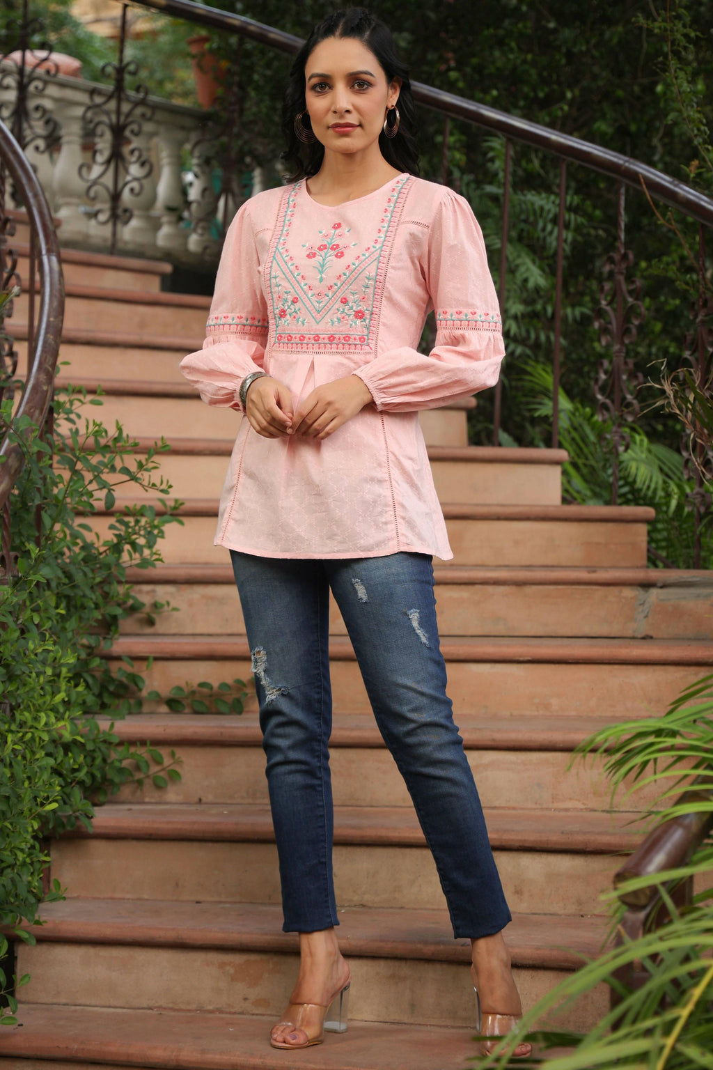 Juniper Women's Peach Cotton Dobby Solid Embroidered Straight Tunic | Grocsy
