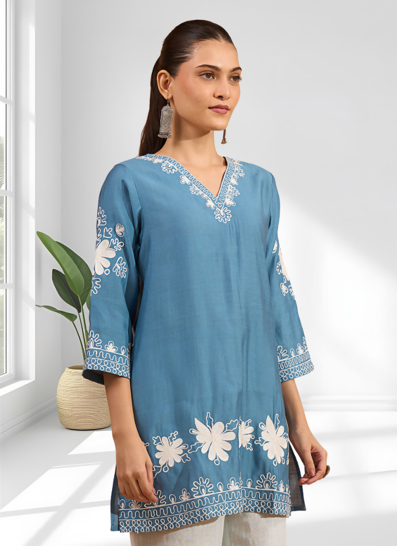 Joban Fashion Teal Silk Embroidered Readymade Tunic | Grocsy