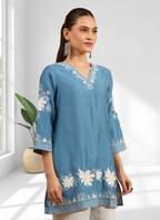 Joban Fashion Teal Silk Embroidered Readymade Tunic | Grocsy