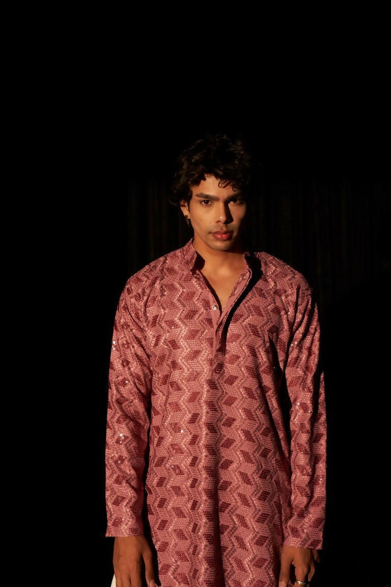 Pink viscose Chikankari Embroidery Work Men's Traditional Kurta Set - Mahotsav | Grocsy