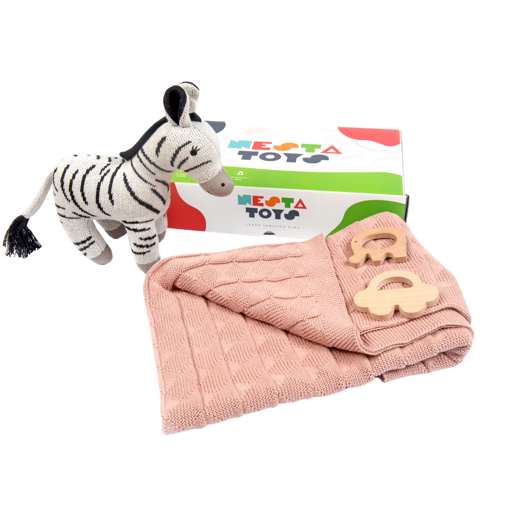 Nesta Toys Newborn Gift Set - Knitted Cotton Blanket, Zebra Plush Toy, Elephant & Car Teether | Grocsy