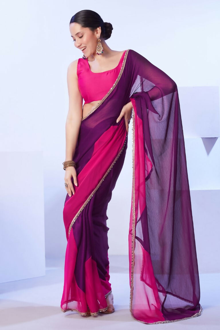 Purple Satin Moss Solid Designer & Lace Work Saree - Samaa | Grocsy
