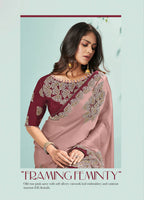 Rose Pink Silk Satin Embroidered Saree With Unstitched Blouse Piece - Norita Ikshita | Grocsy