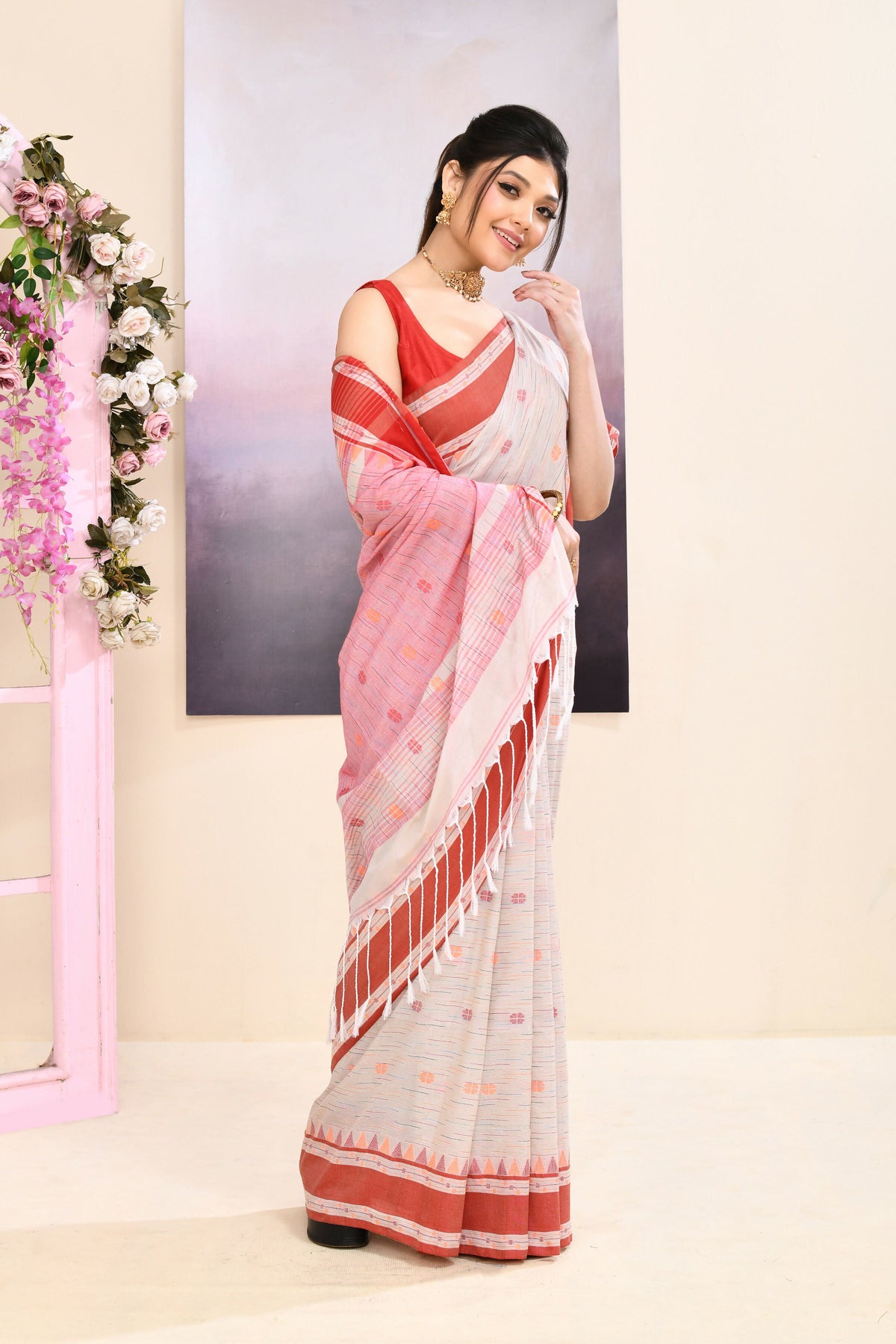 Piyari Fashion Women's Beige Embellished Cotton Saree | Grocsy