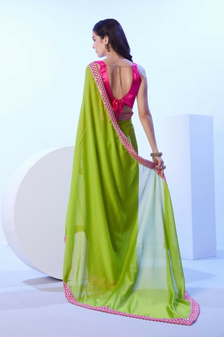 Green Moss Solid Designer & Lace Work Saree - Samaa | Grocsy