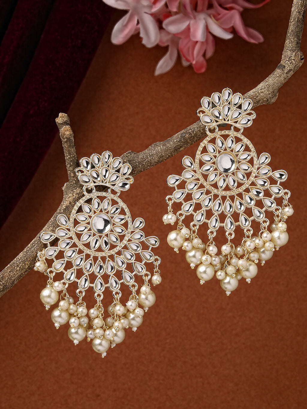 NVR Women Gold-Polished Kundan Chandbali Earrings | Grocsy