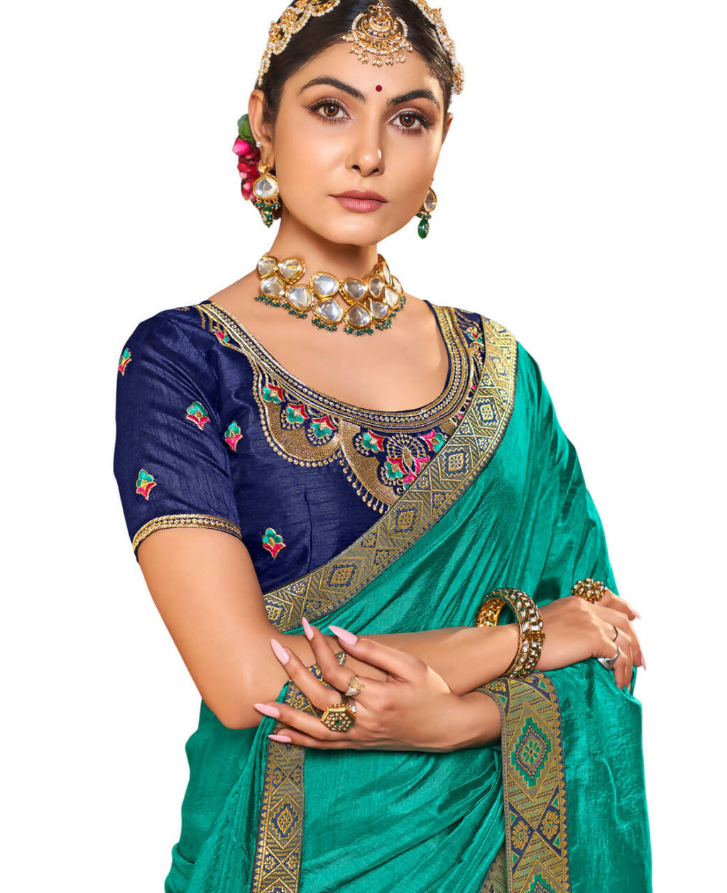 Sea Green Solid Vichitra Saree With Unstitched Blouse Piece - Selena | Grocsy