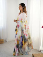 Multi Chinon Designer Digital Printed,Mirror Cut Work Saree - Elayna | Grocsy