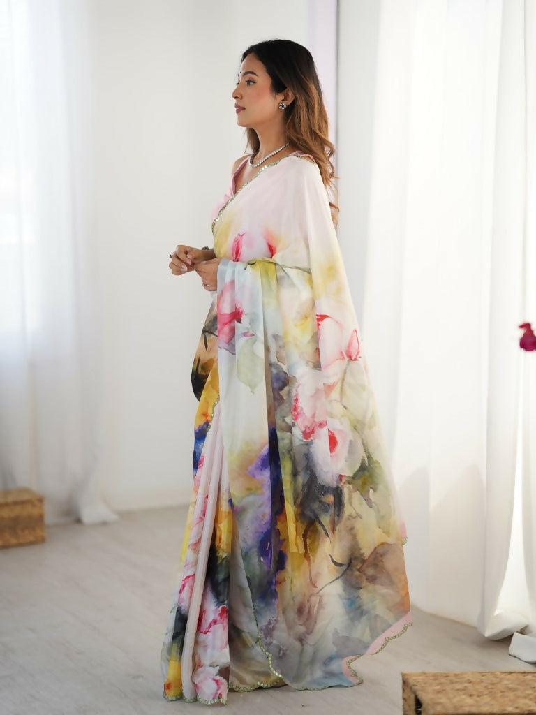Multi Chinon Designer Digital Printed,Mirror Cut Work Saree - Elayna | Grocsy