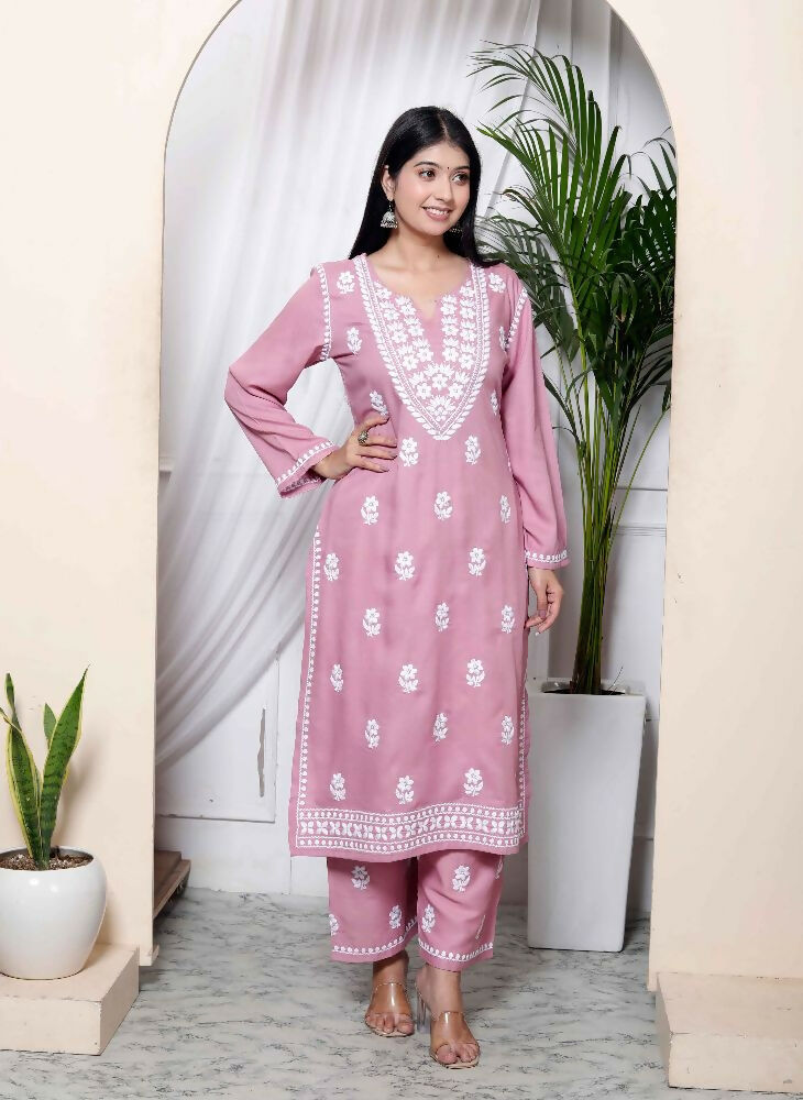 Miravan Womens Pink Embroidered Kurta With Palazzo | Grocsy