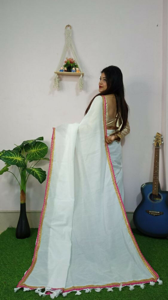 Exclusive Collection Beautiful Khadi Cotton Handloom Saree With Beautiful Zari Border - White | Grocsy