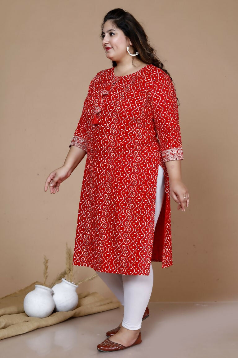 Miravan Women's Plus Size Festive Wear Red Bandhani Printed Straight Kurta | Grocsy