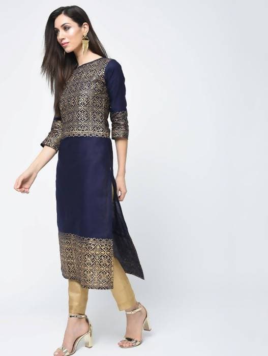 Aniyah Cotton Block Printed Navy Blue Latest Straight Kurta (AN-133K) | Grocsy