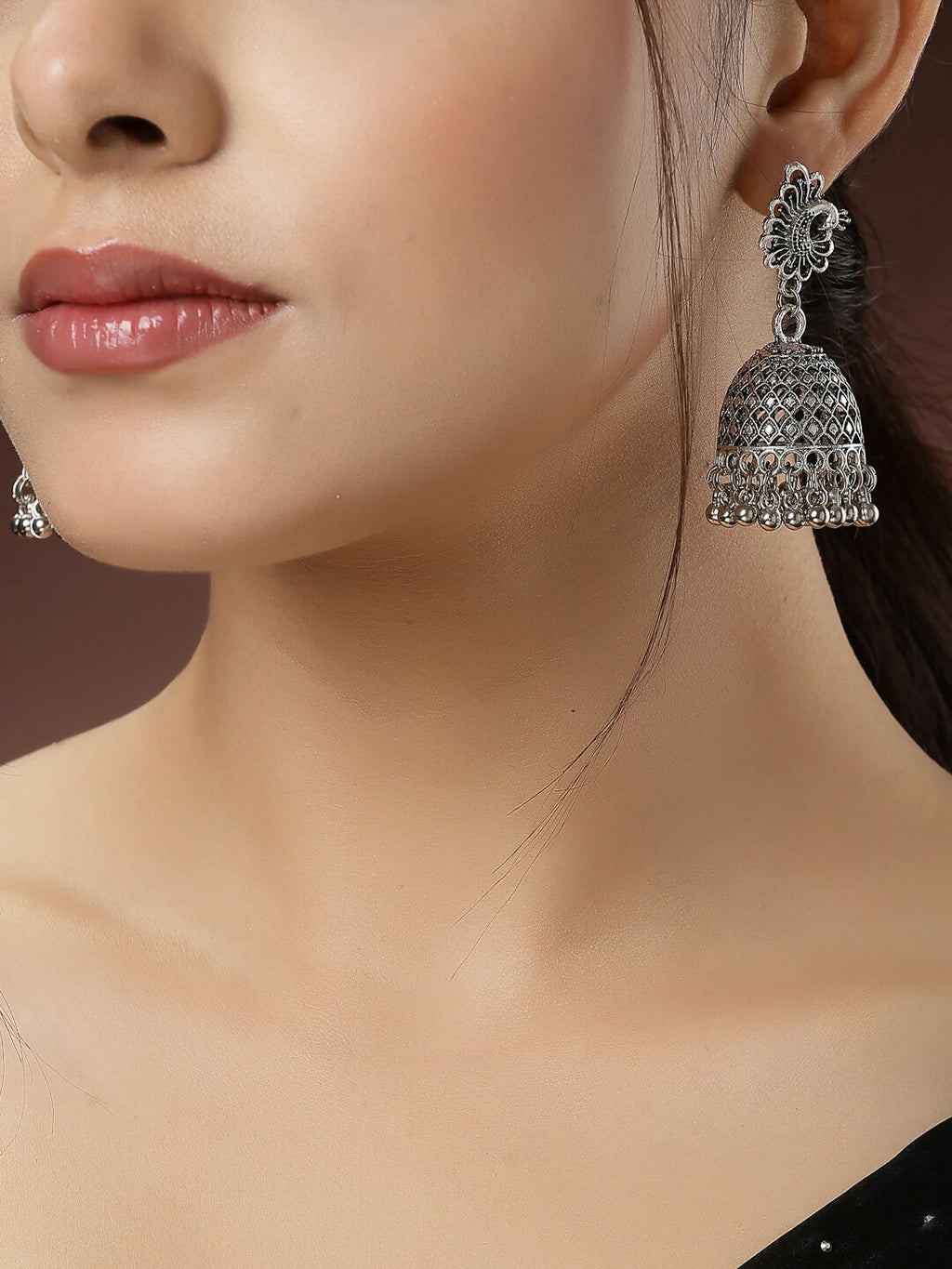NVR Women's Silver-Toned Peacock Design German Silver Oxidised Dome Shaped Jhumka Earrings | Grocsy