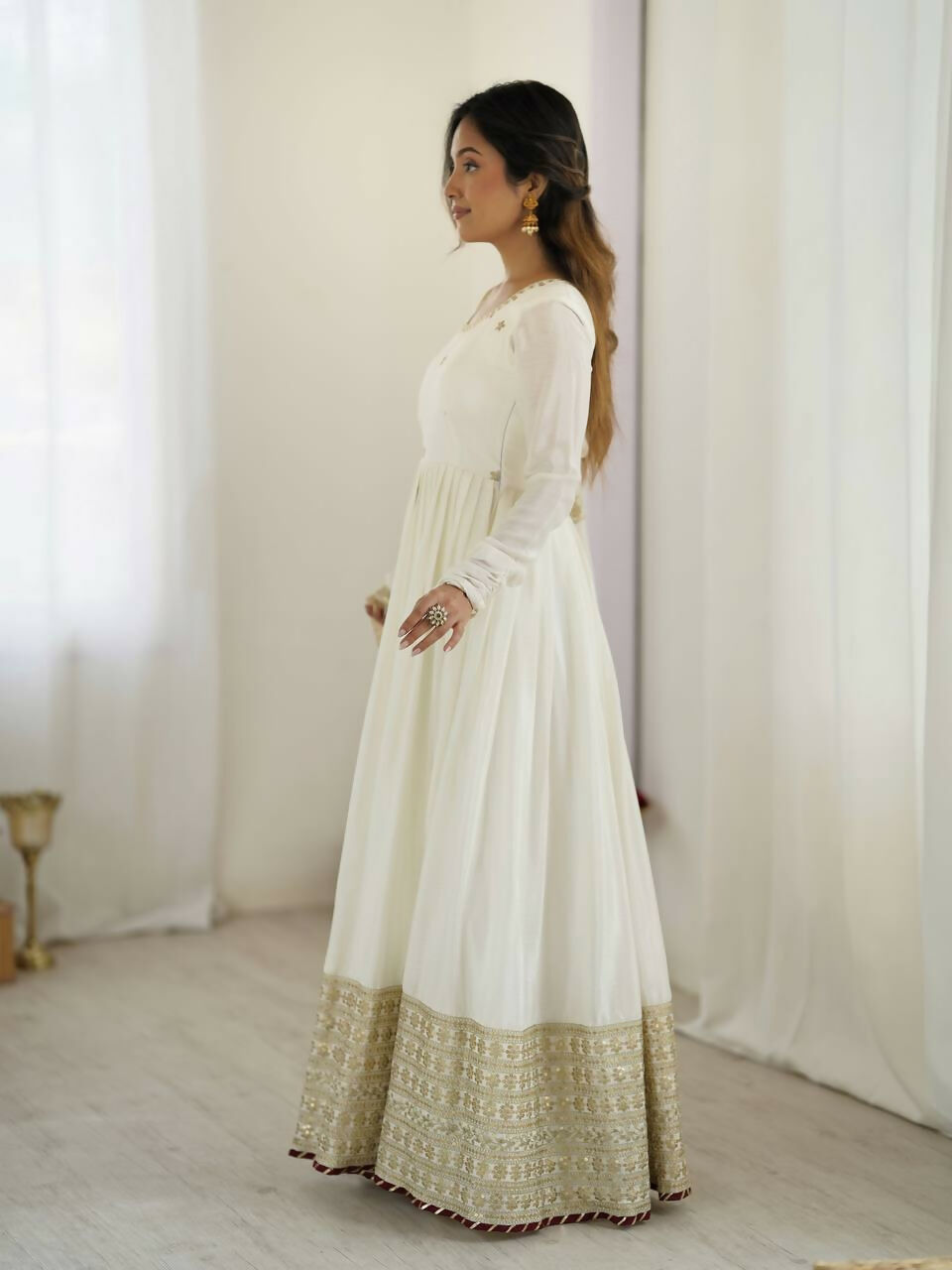 The52 Women's Gorgeous Chinon Silk Fabric Embroidery Work Flared Anarkali Pant and Dupatta Set | Grocsy