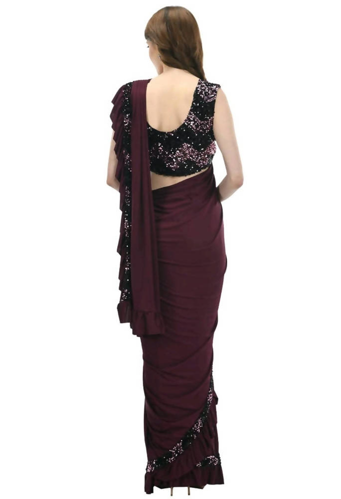Mominos Fashion All Season Wear Wine And Black Colour Ruffled Ready To Wear Saree | Grocsy