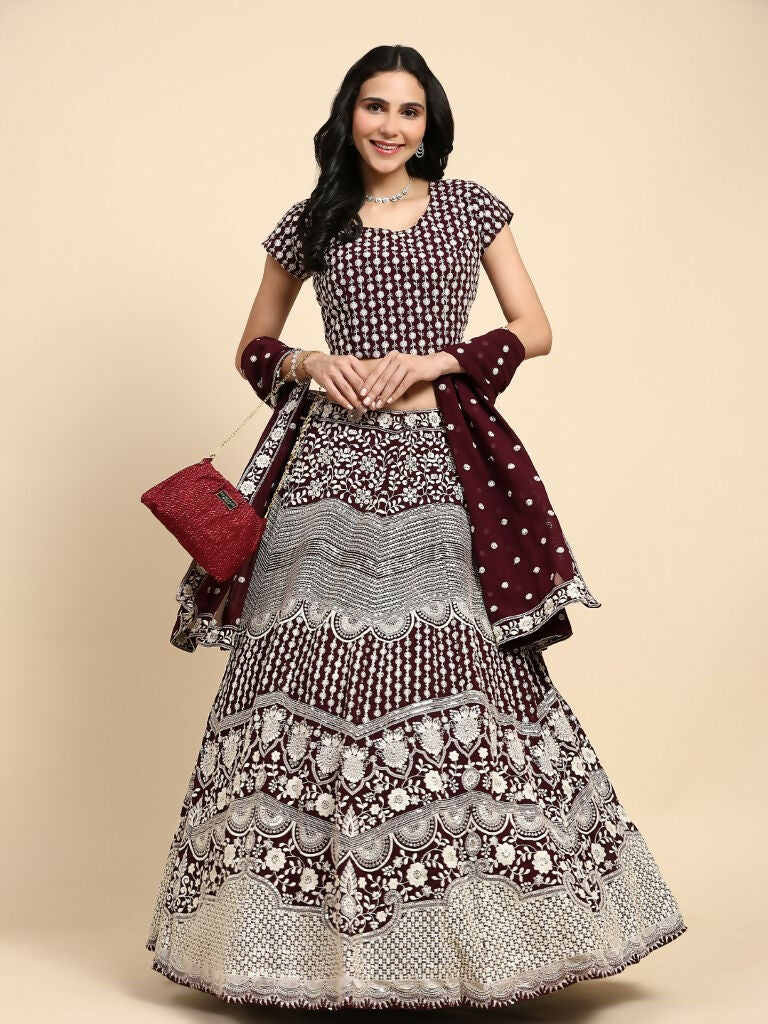 Brown Georgette Thread Embroidered Lehenga Choli with Dupatta - Tanya | Grocsy