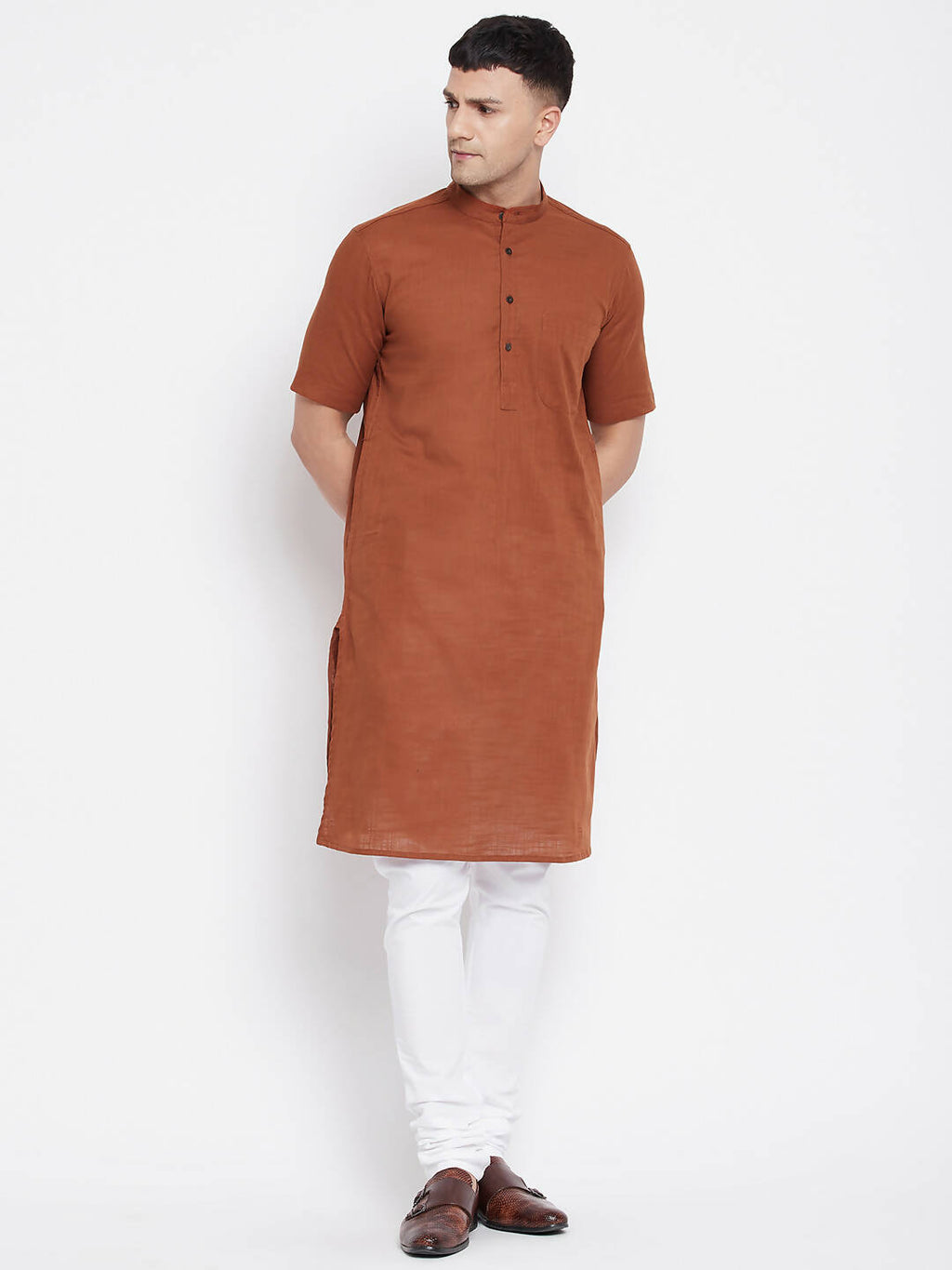 Even Apparels Brown Pure Cotton Men's H/S Kurta With Band Collar | Grocsy