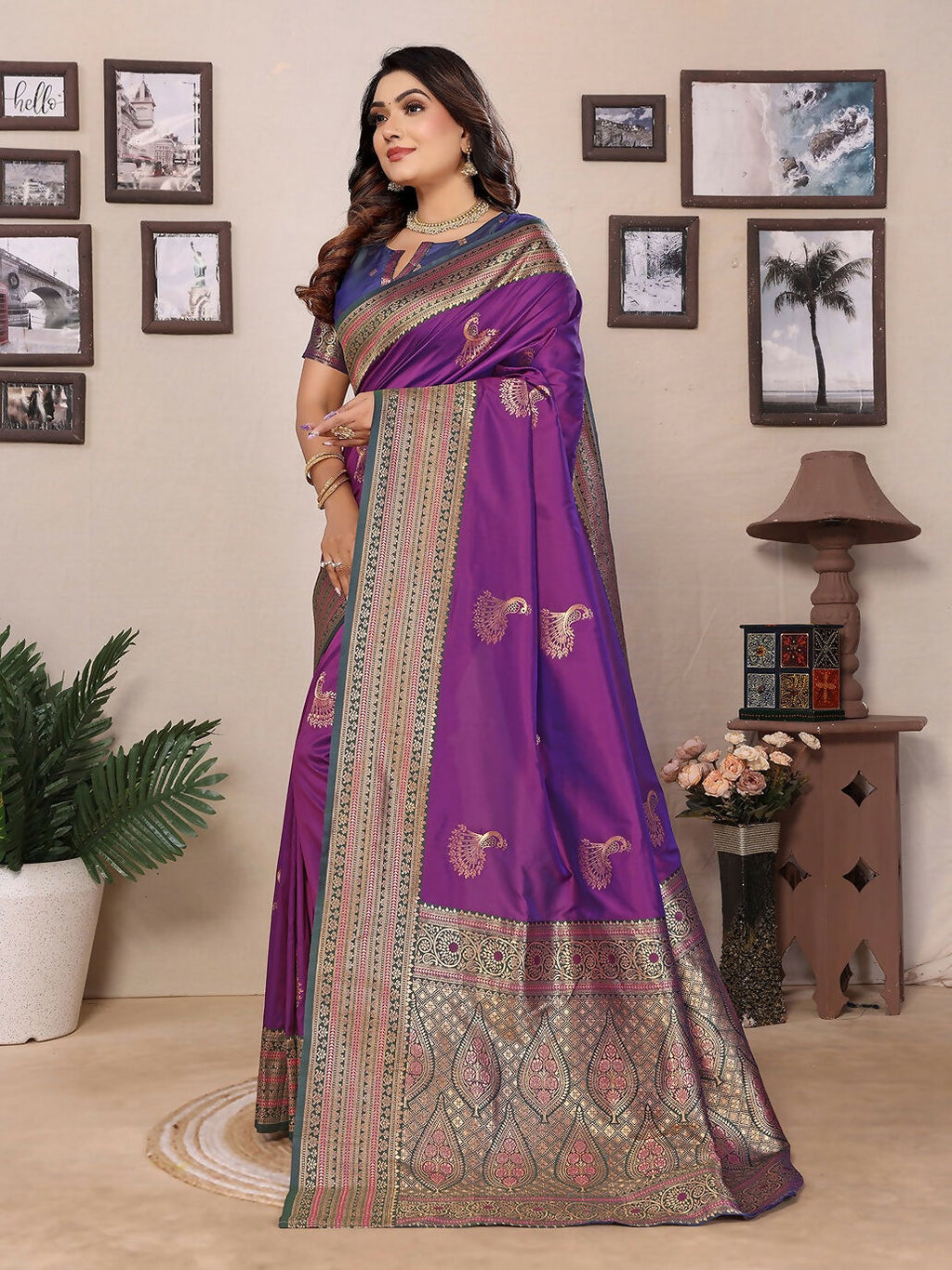 Joban Fashion Banarasi Magenta Small Butti Soft Silk Saree | Grocsy