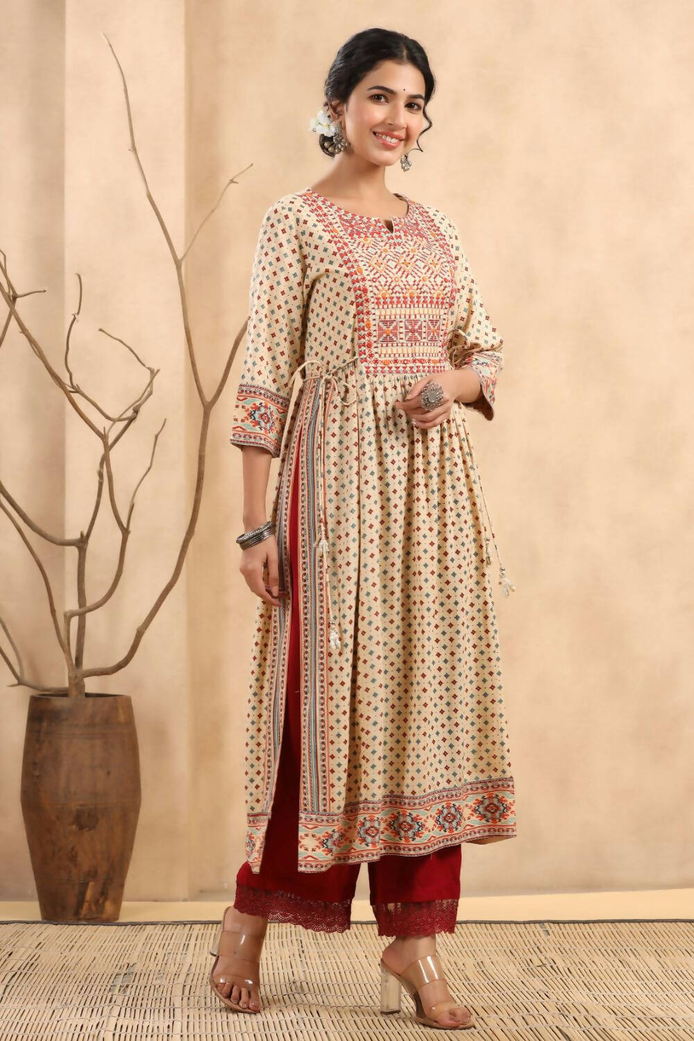 Juniper Women's Beige Rayon Printed Embroidered Straight Kurta | Grocsy