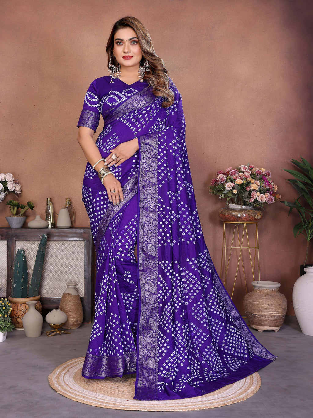 Aastha Fashion Purple Pure Dola Silk Handmade Original Bandhej Saree | Grocsy