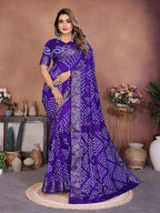 Aastha Fashion Purple Pure Dola Silk Handmade Original Bandhej Saree | Grocsy