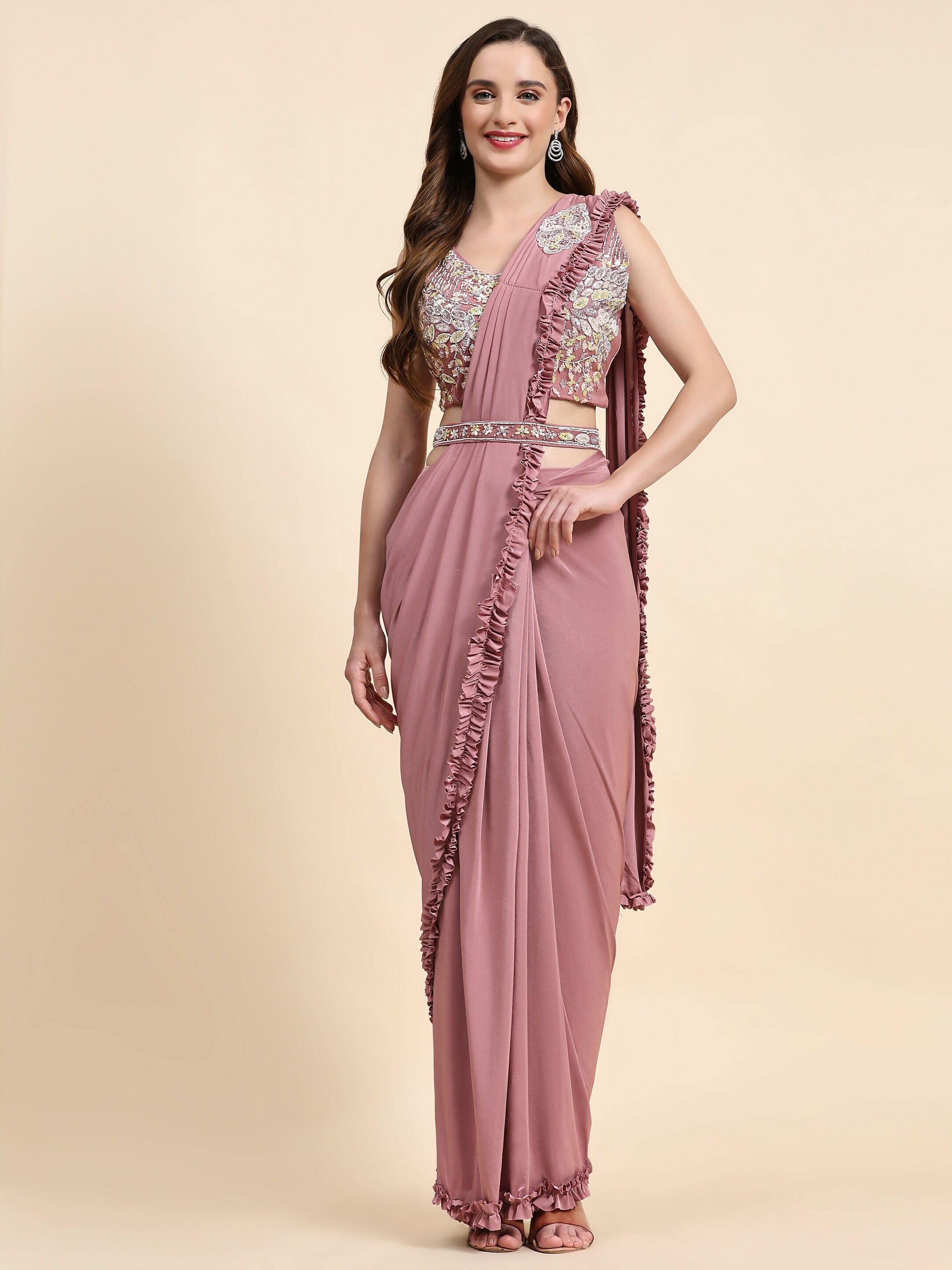 Pink Lycra Solid Ready to wear Saree with stitched Blouse - Vanita | Grocsy