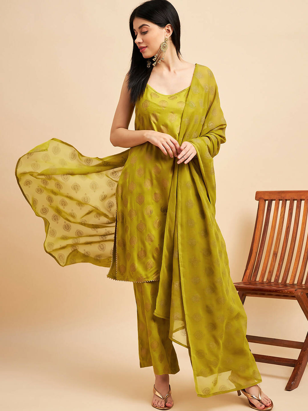 Lime Green & Golden Ethnic Motifs Print Kurta with Palazzo & Dupatta - Vishwa | Grocsy