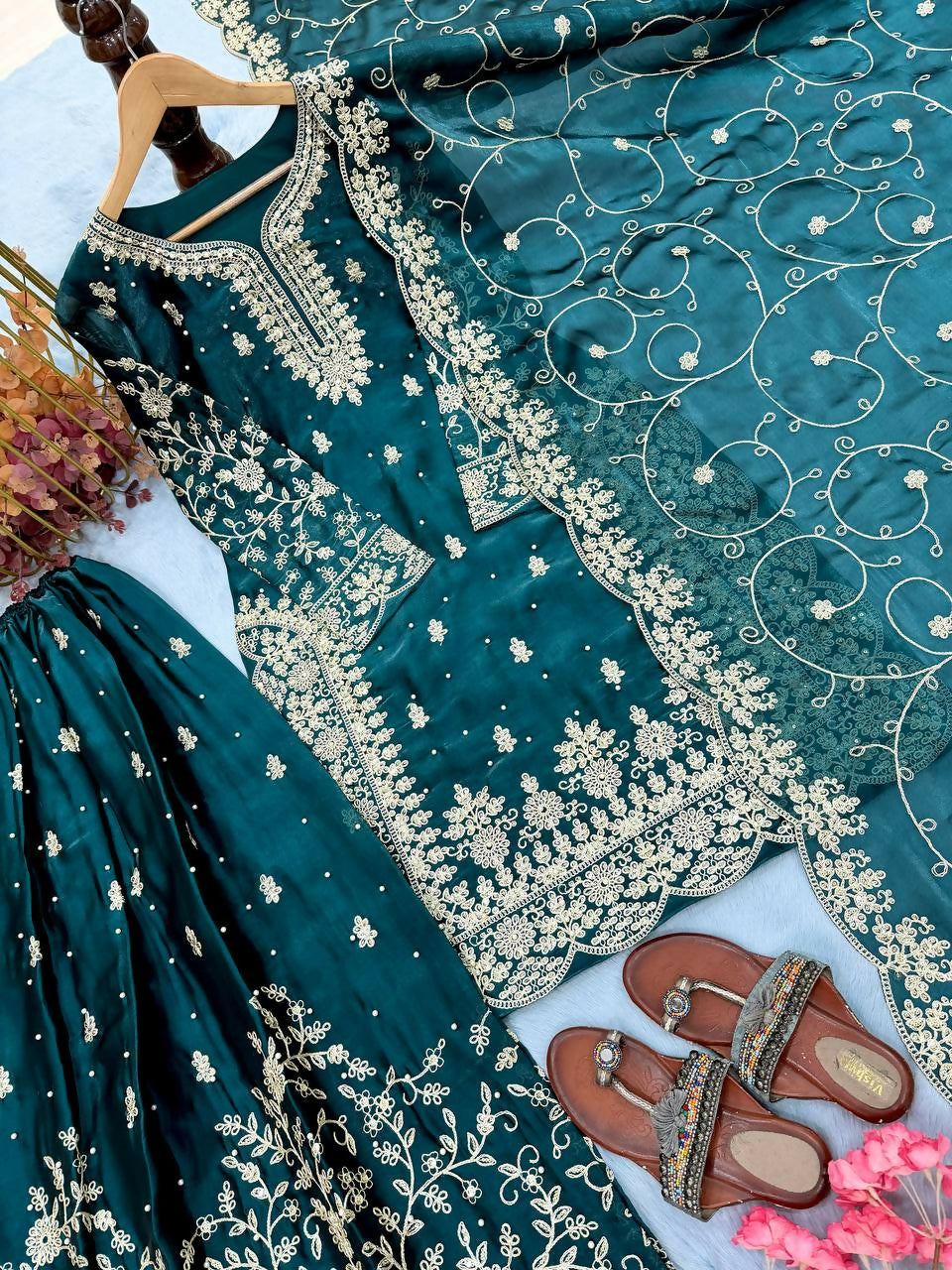 Teeya Creation Teal Pure Silk Gimmy Silk Heavy Embroidery Work Wedding Wear Palazzo Pair | Grocsy
