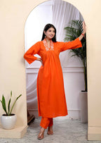 Miravan Women's Orange Cotton Embroidered A-Line Style Kurta And Palazzo | Grocsy