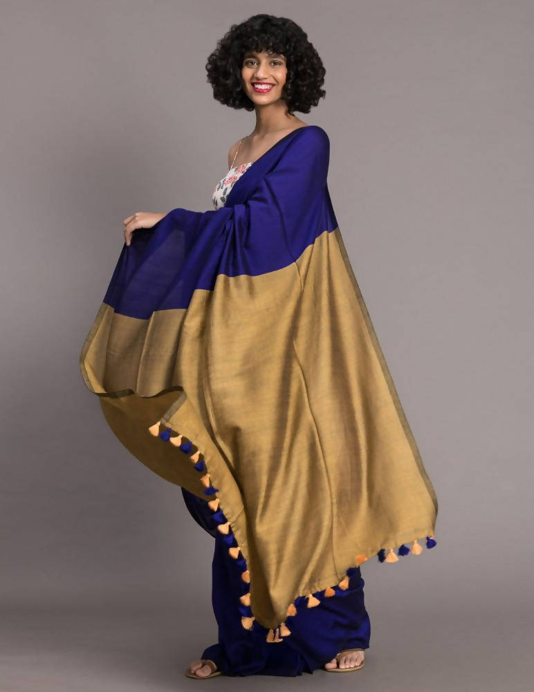 Suta Navy Blue Golden Colourblocked Saree | Grocsy