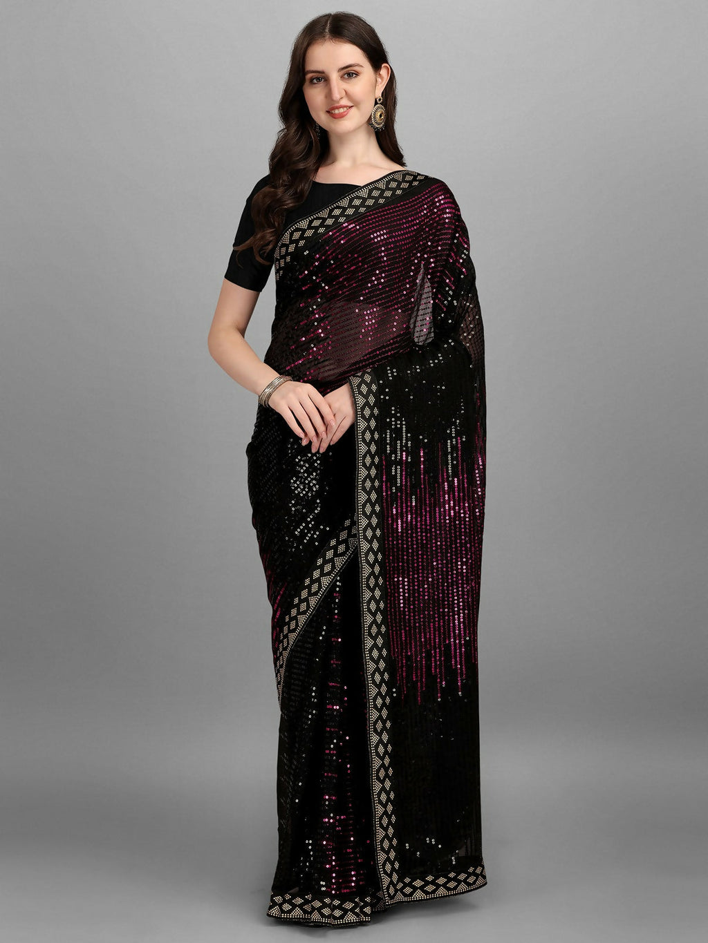 Vegaa Fashion Black Georgette Embroidered Party Wear Saree | Grocsy