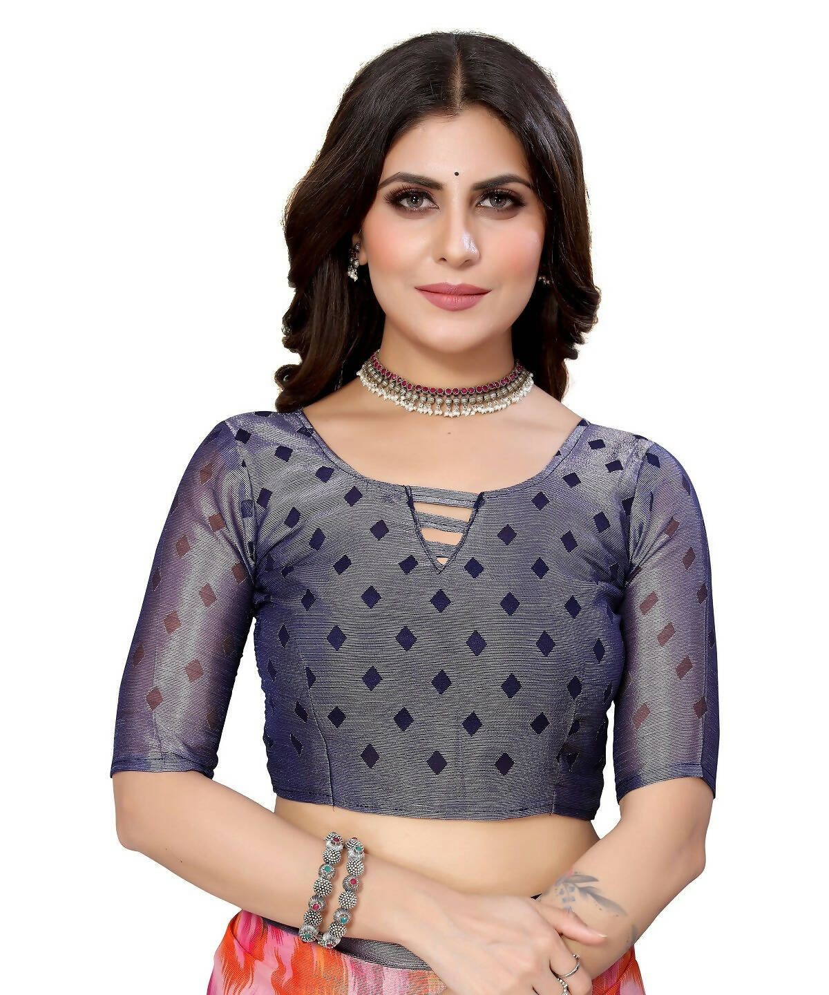 Vamika Navy Blue Chiffon Brasso Bollywood Style Woven Saree (KARUNA NAVY) | Grocsy