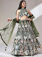 Tulsi Art Awesome Olive Green Sequins Art Soft Net Mehendi Wear Lehenga Choli | Grocsy