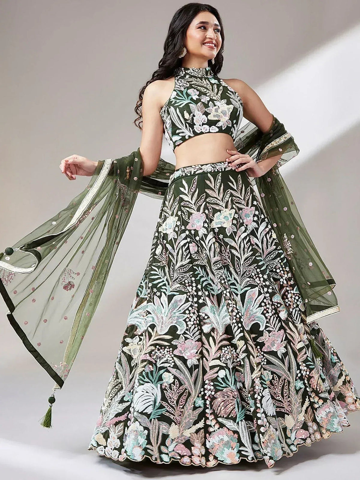 Tulsi Art Awesome Olive Green Sequins Art Soft Net Mehendi Wear Lehenga Choli | Grocsy
