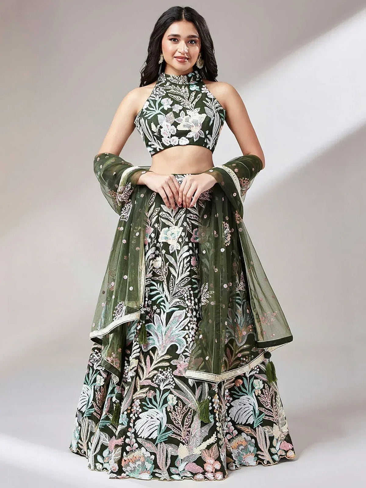 Tulsi Art Awesome Olive Green Sequins Art Soft Net Mehendi Wear Lehenga Choli | Grocsy