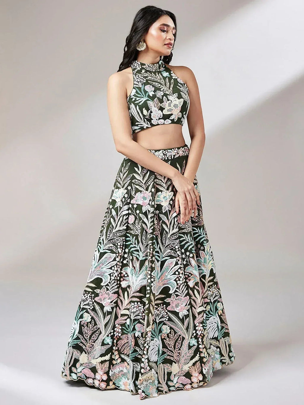 Tulsi Art Awesome Olive Green Sequins Art Soft Net Mehendi Wear Lehenga Choli | Grocsy
