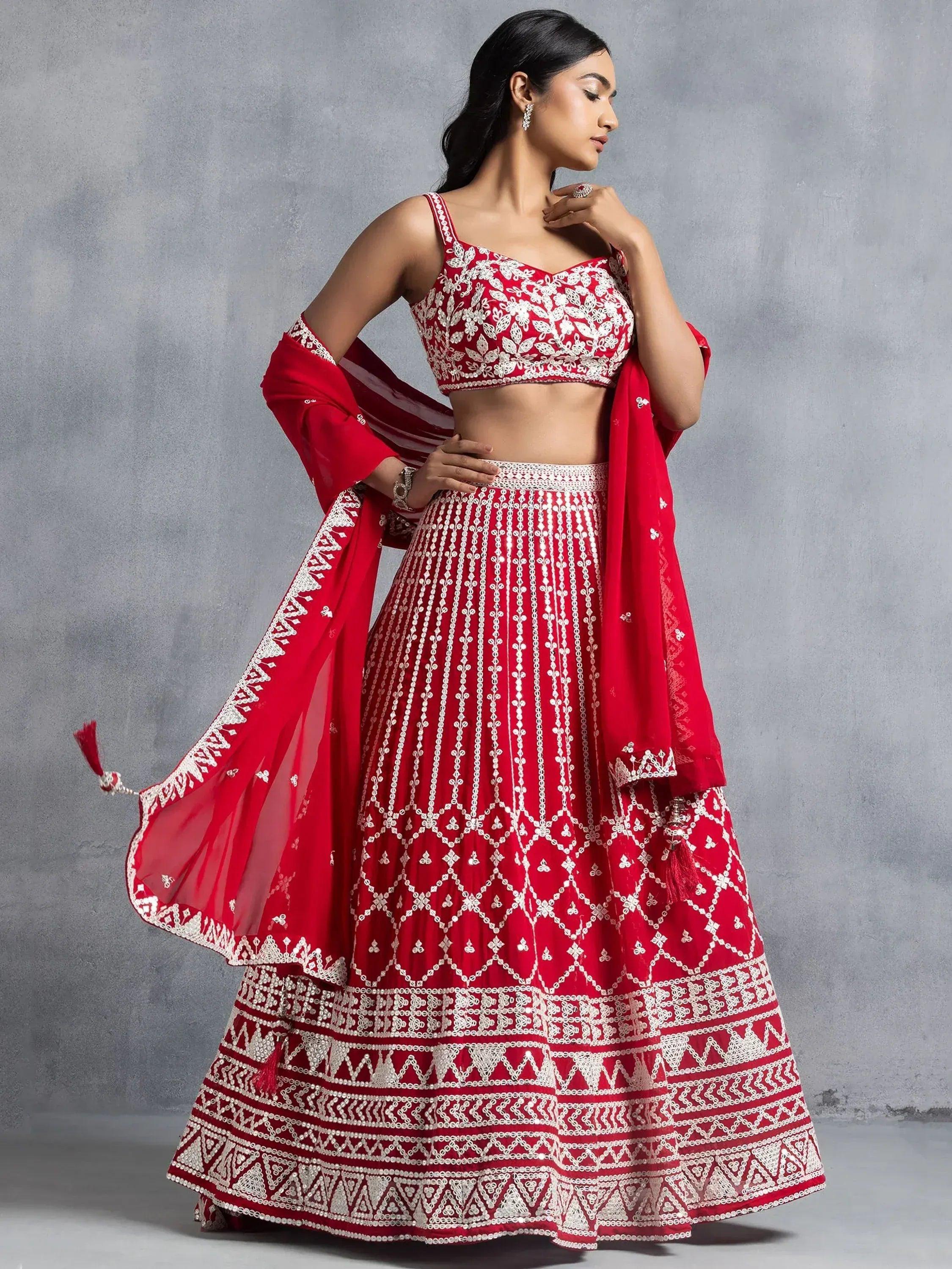 Tulsi Art Awesome Red Thread Embroidered Georgette Wedding Lehenga Choli | Grocsy