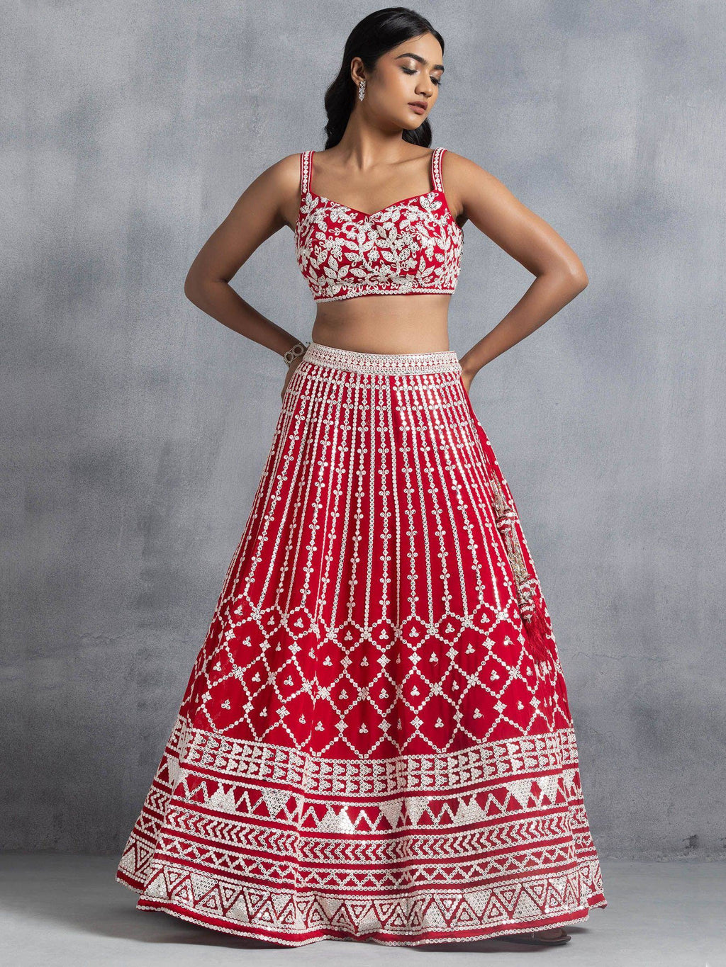 Tulsi Art Awesome Red Thread Embroidered Georgette Wedding Lehenga Choli | Grocsy