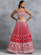 Tulsi Art Awesome Red Thread Embroidered Georgette Wedding Lehenga Choli | Grocsy