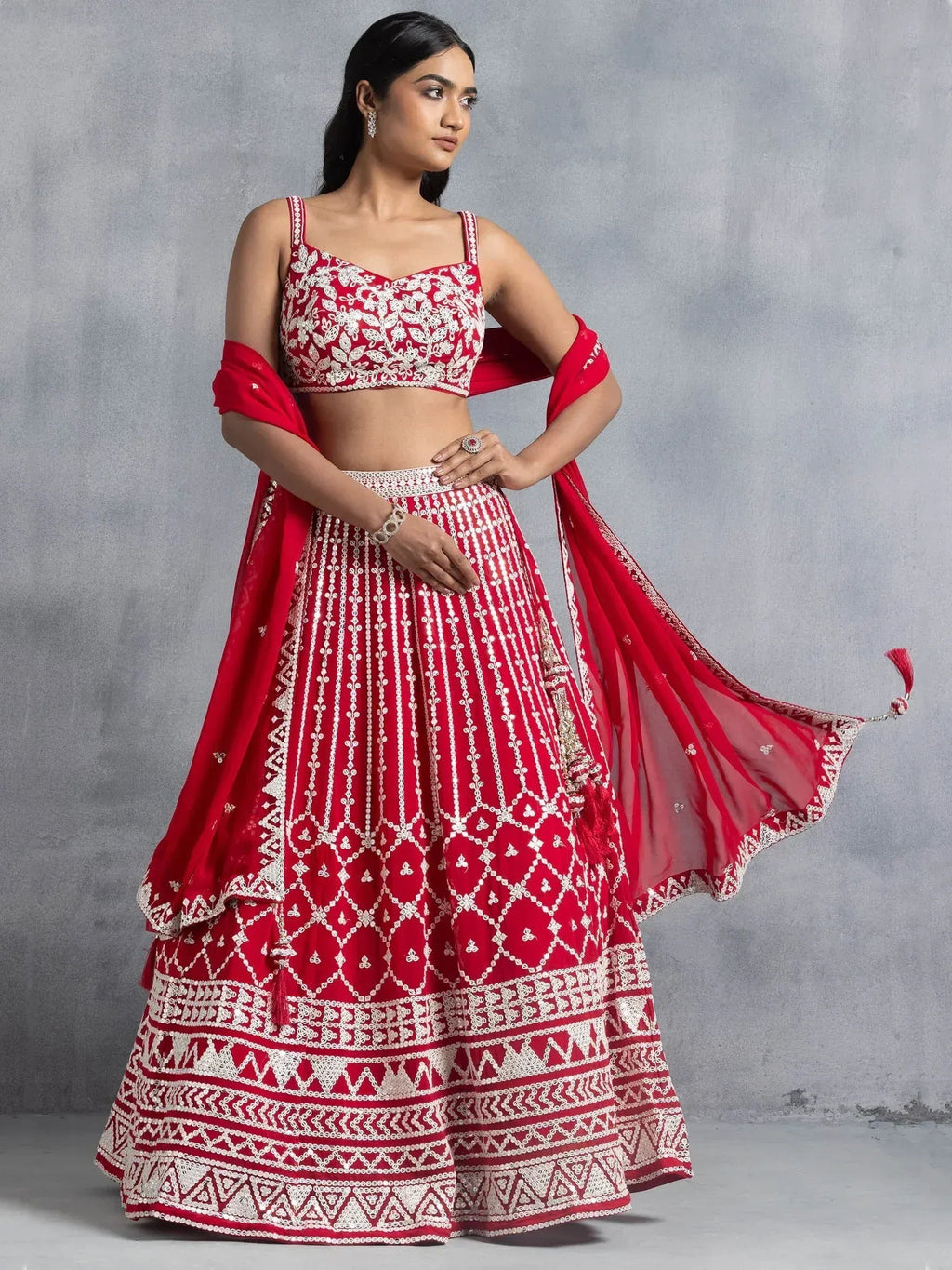 Tulsi Art Awesome Red Thread Embroidered Georgette Wedding Lehenga Choli | Grocsy