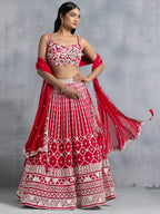 Tulsi Art Awesome Red Thread Embroidered Georgette Wedding Lehenga Choli | Grocsy