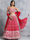 Tulsi Art Awesome Red Thread Embroidered Georgette Wedding Lehenga Choli | Grocsy