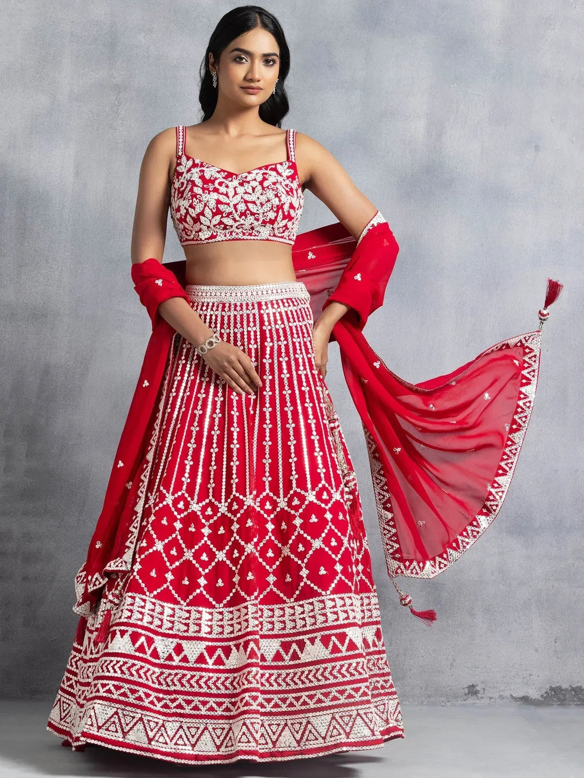 Tulsi Art Awesome Red Thread Embroidered Georgette Wedding Lehenga Choli | Grocsy