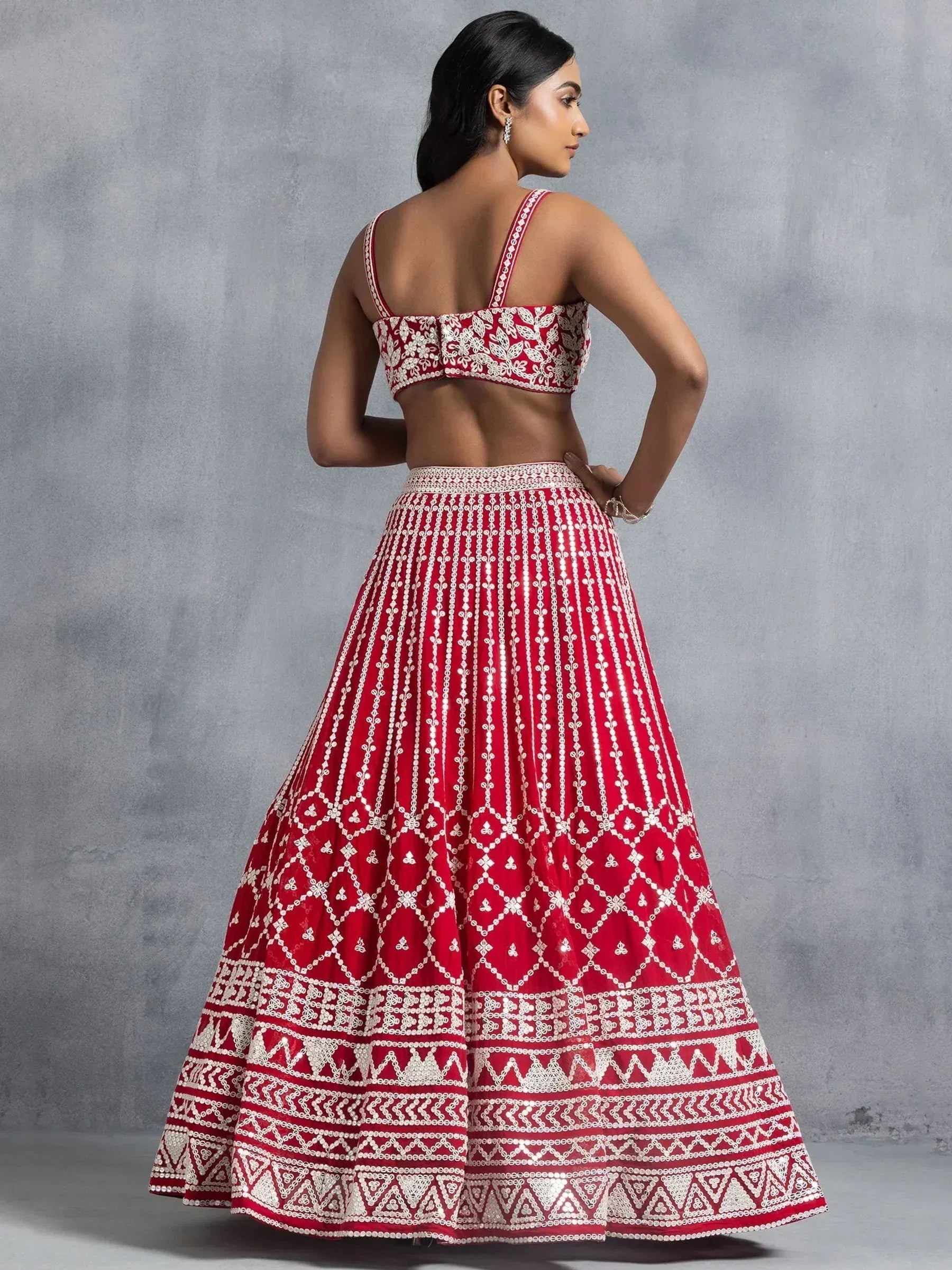Tulsi Art Awesome Red Thread Embroidered Georgette Wedding Lehenga Choli | Grocsy